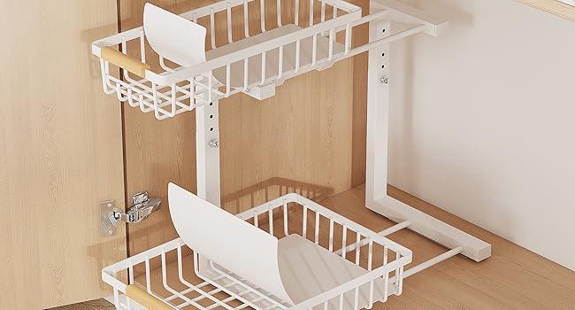 Under sink storage rack positioned around plumbing pipes