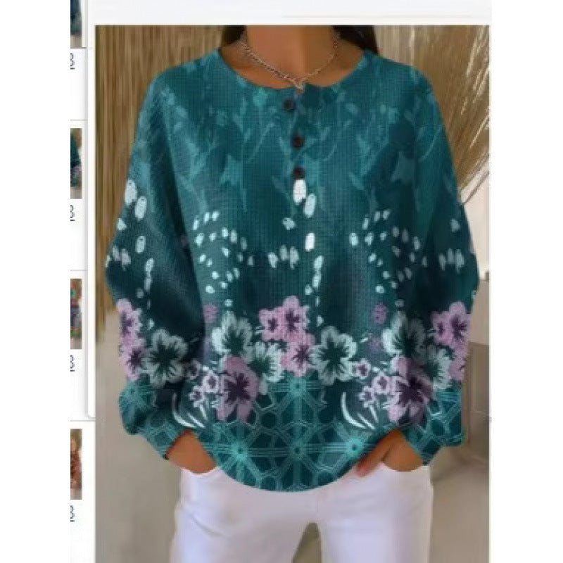 Women's 3D Printed Slim Fit Waffle Knit Stand Collar Long Sleeve Polo Shirt