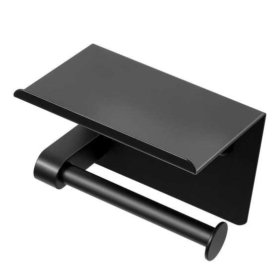 Matte black toilet paper holder with shelf