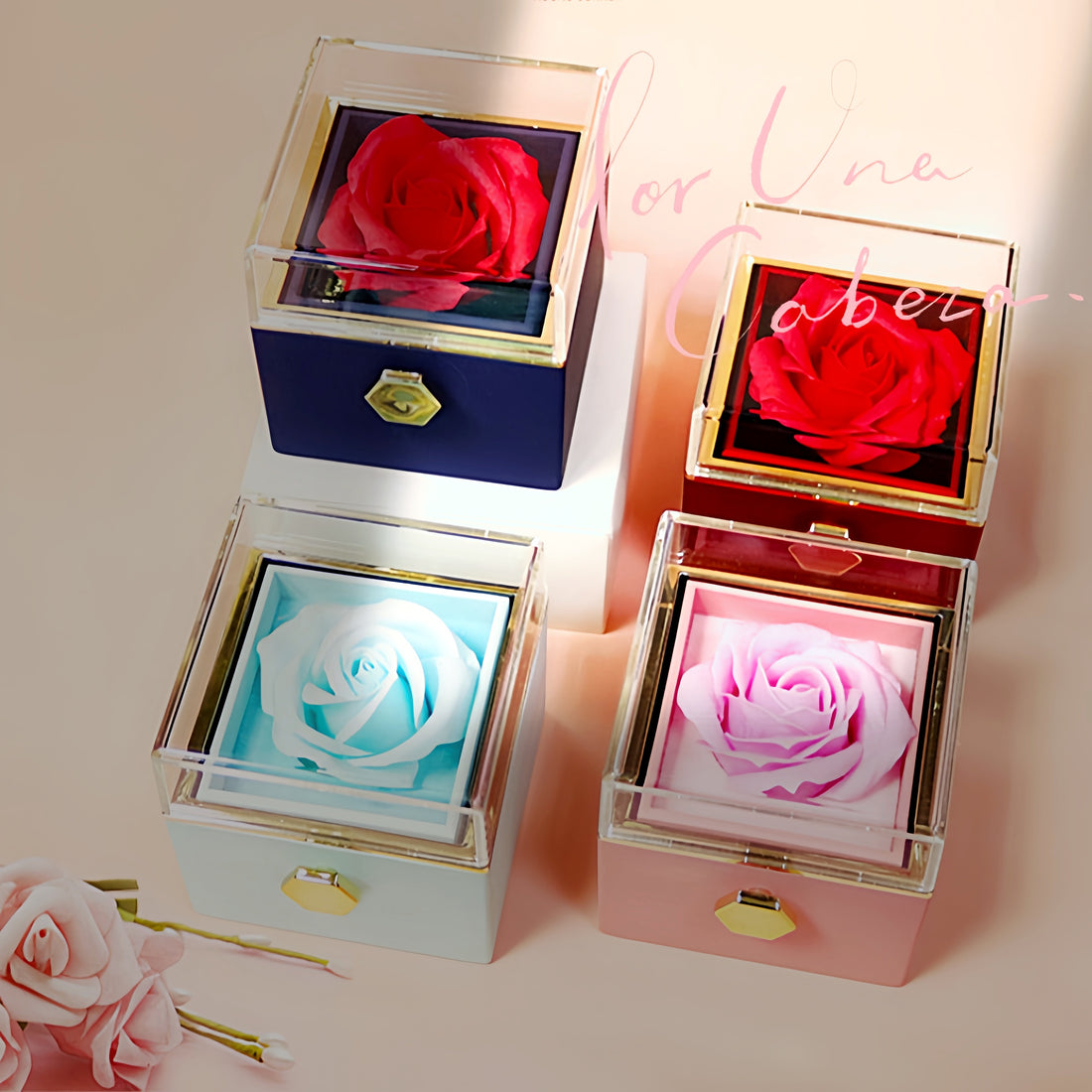 Red, blue, pink and white rotating soap rose jewelry gift boxes with roses
