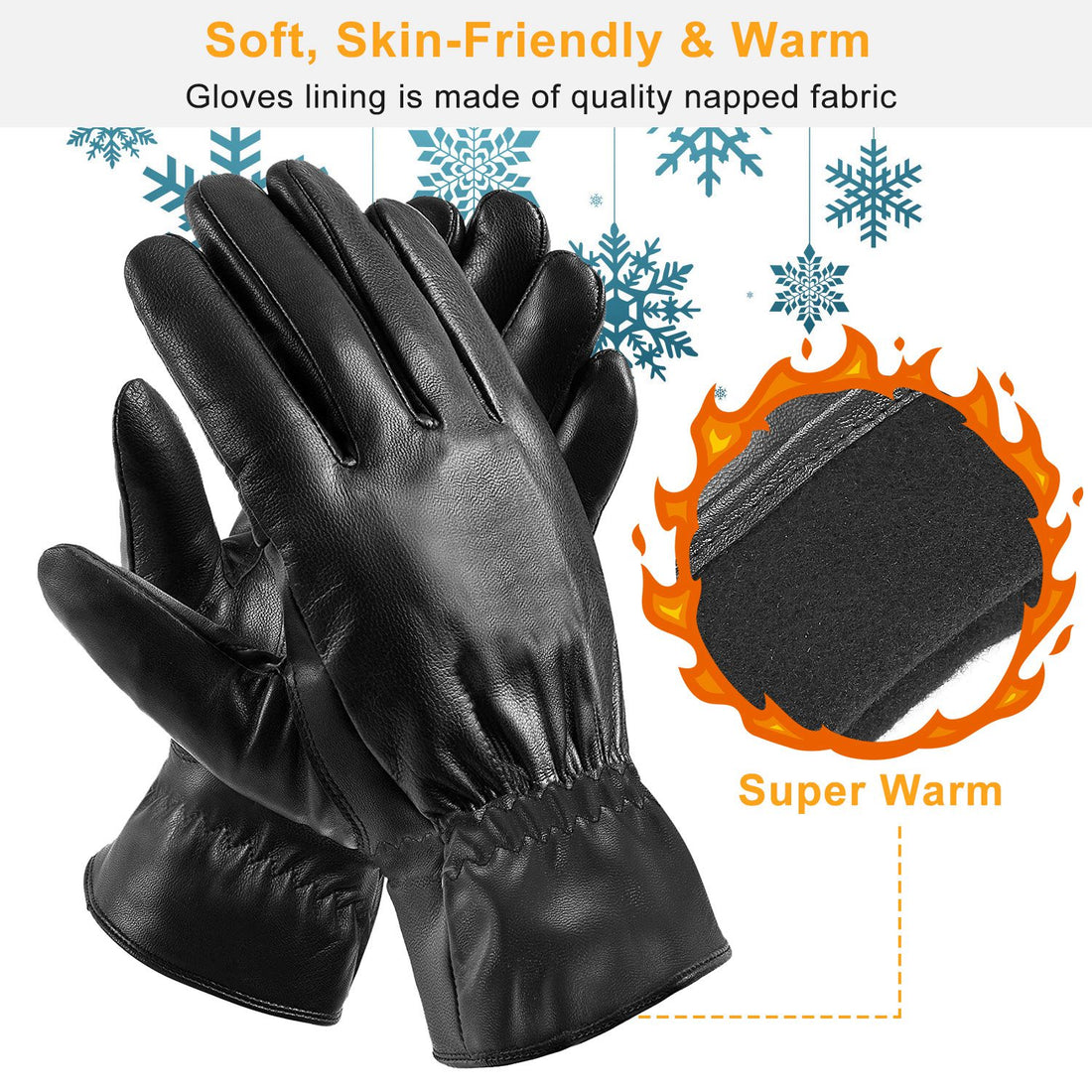 Black winter gloves with a close-up of the soft, warm napped lining