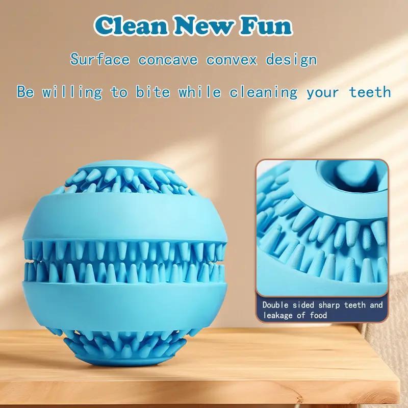 Blue textured rubber dog treat ball on a wooden table with close-up of ridges