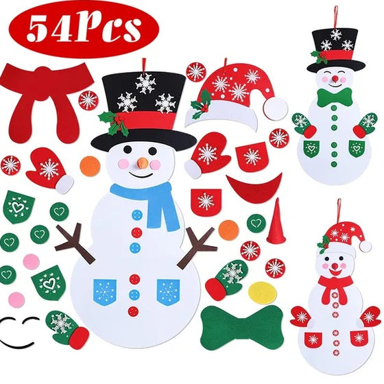 DIY felt snowman set with 54 hook-and-loop decor pieces laid out