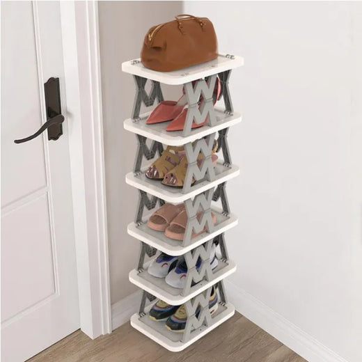 6-tier foldable vertical shoe rack in a closet