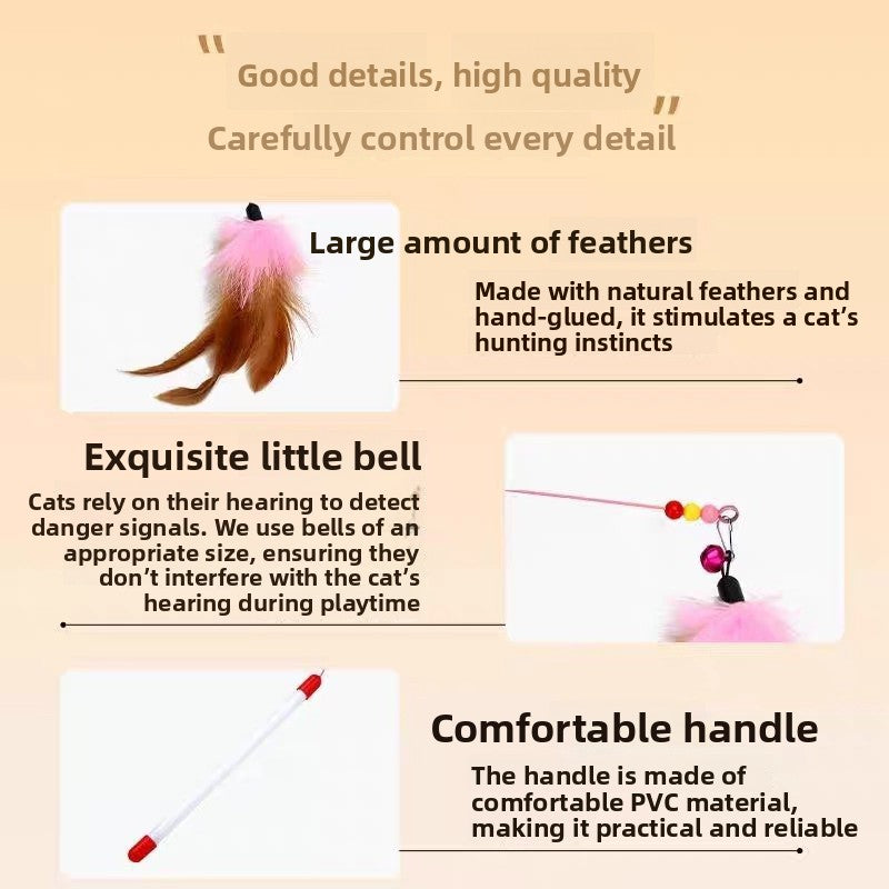 Interactive Cat Teaser Toy with Feathers and Bell, Durable Wire Wand for Kitten Play