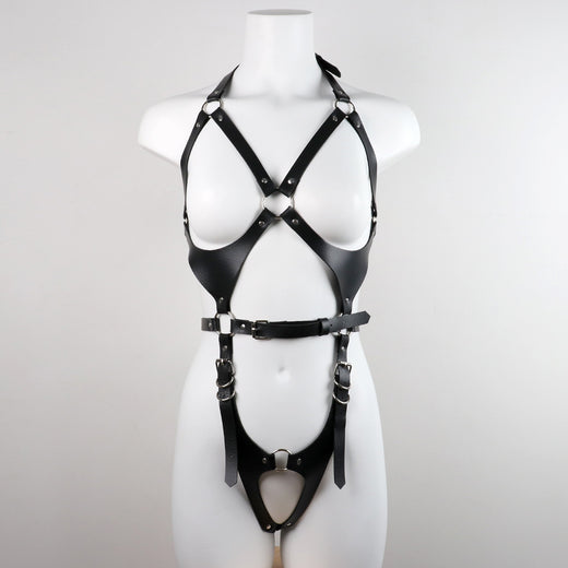 Adjustable PU Leather Lingerie with Lace Details