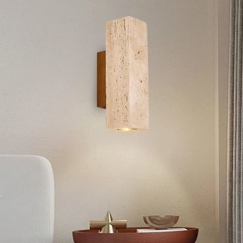 Wabi-Sabi Style Cave Stone Wall Lamp Wooden Body LED Warm Light Fixture for Hotel Bedroom Restaurant