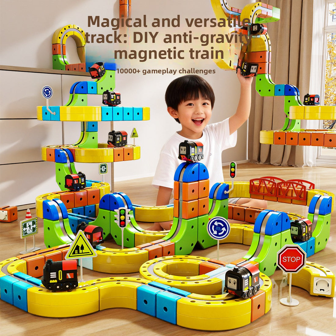 Magnetic tile train track building set with electric train, photo 1