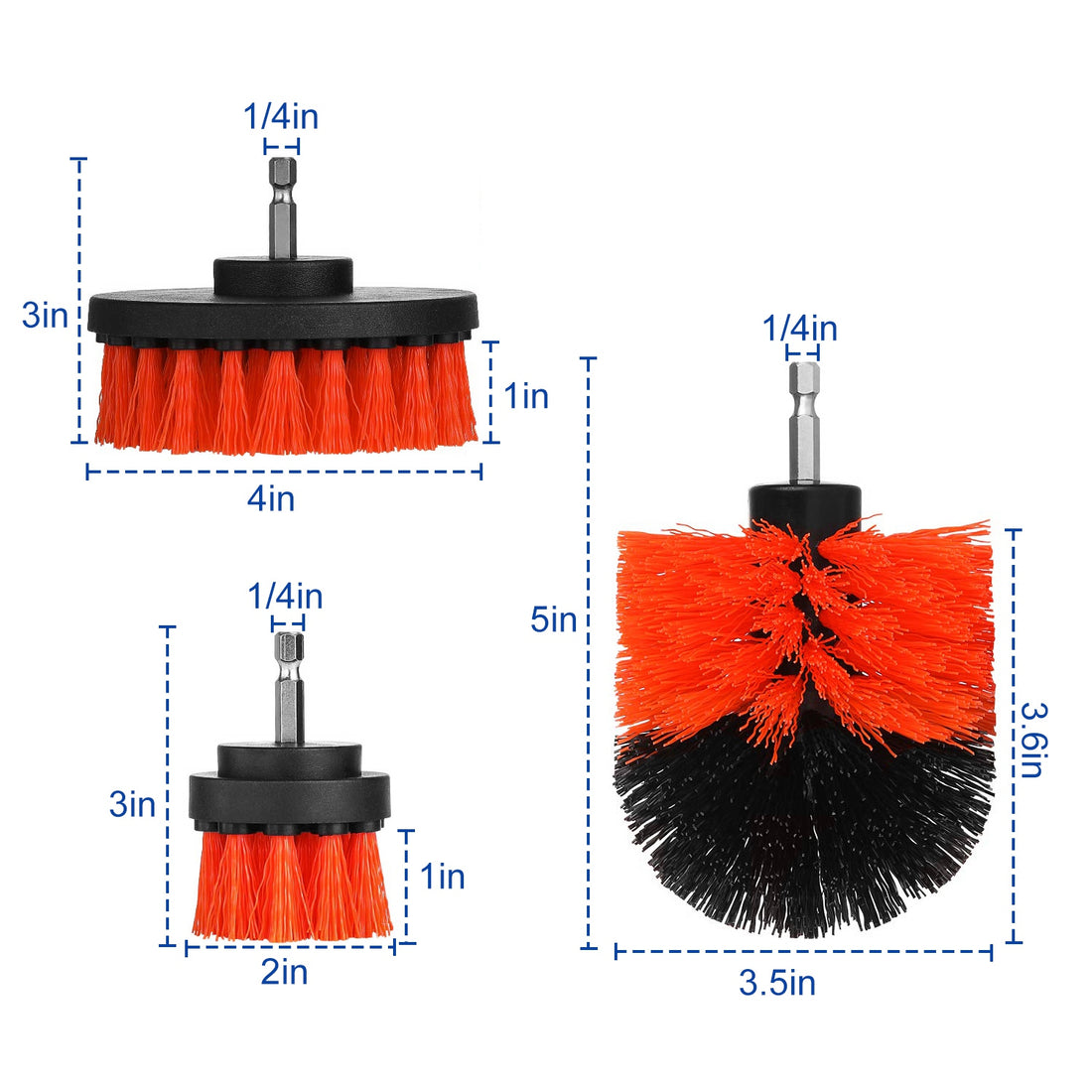 Red drill brushes with size measurements