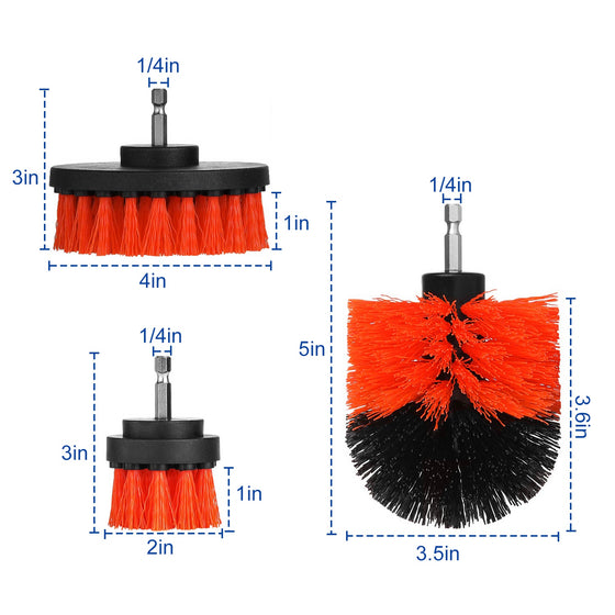 Red drill brushes with size measurements