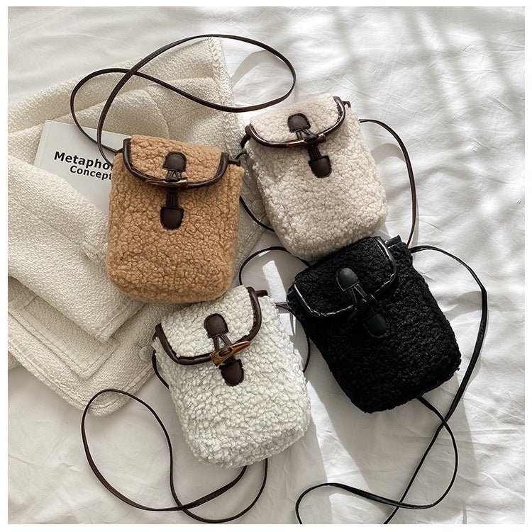 Women's Plush Lamb Wool Crossbody Bag Simple Trendy Phone Purse