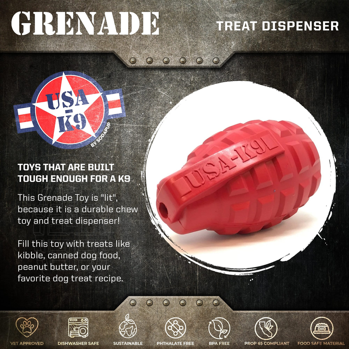 USA-K9 Grenade Rubber Chew Toy and Treat Dispenser - Red