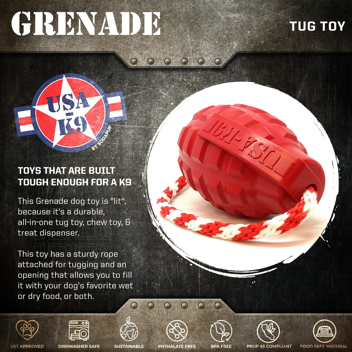 USA-K9 Grenade Rubber Chew Toy and Treat Dispenser