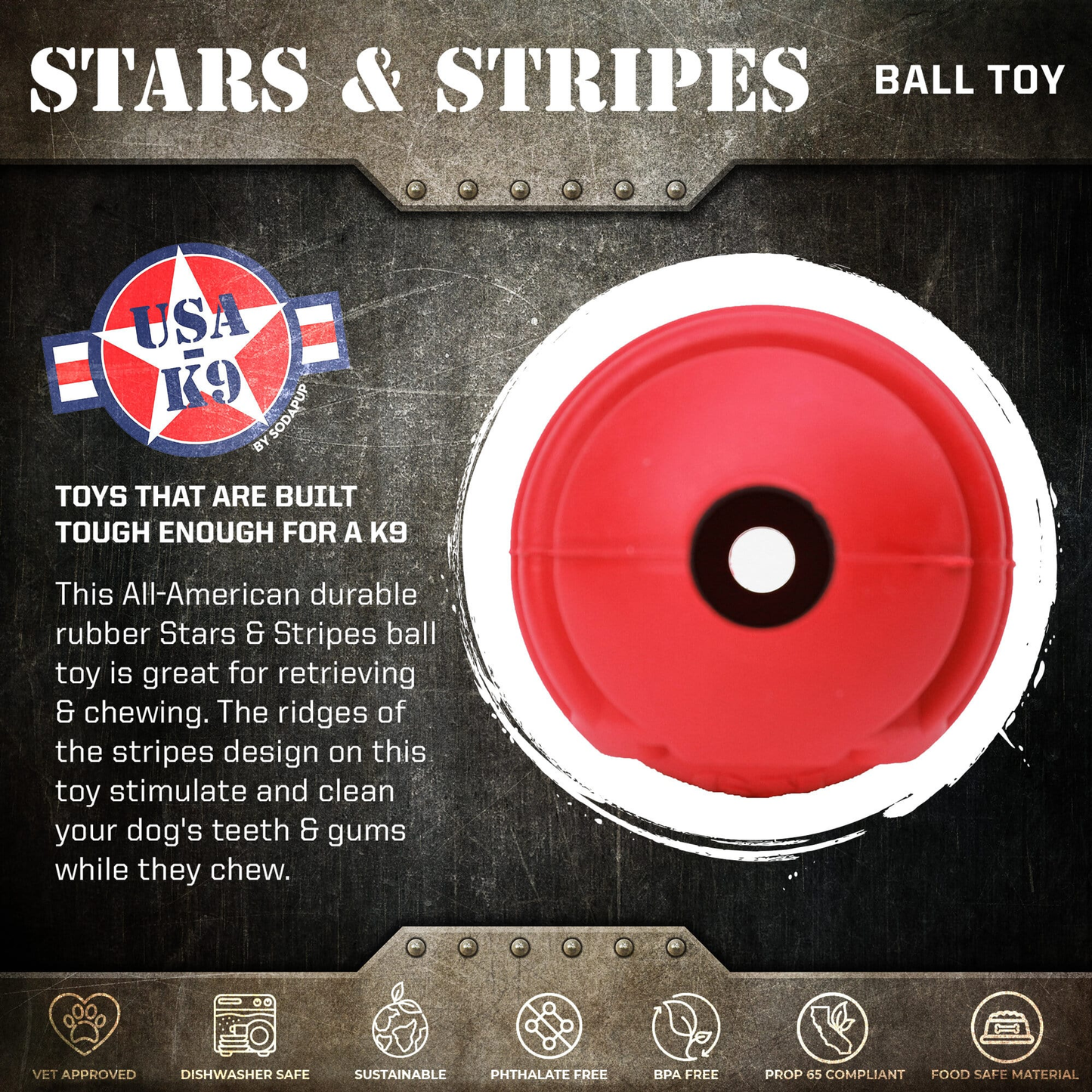 USA-K9 Stars and Stripes Ultra-Durable Rubber Dog Chew Ball