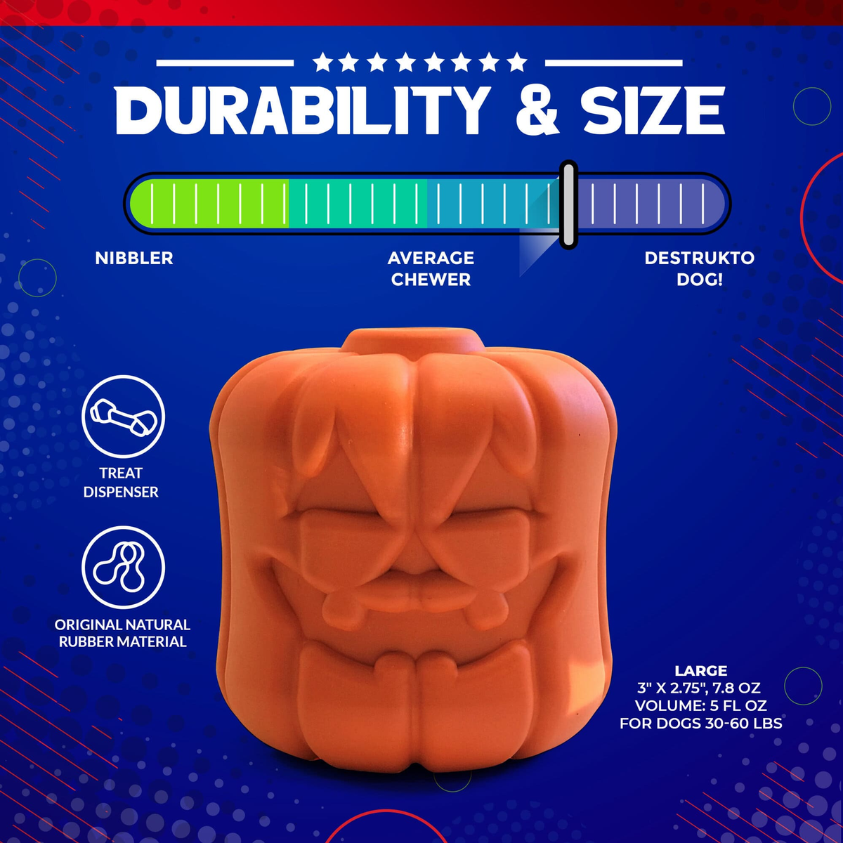 Jack O' Lantern Durable Rubber Dog Chew Toy & Treat Dispenser