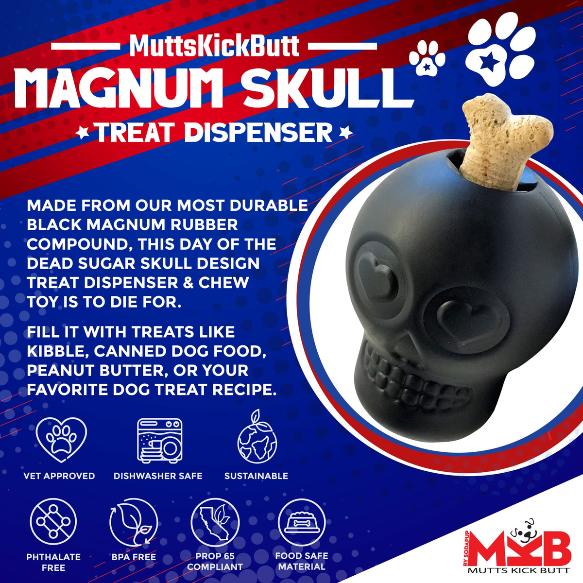 Magnum Sugar Skull Dog Chew Toy & Treat Dispenser
