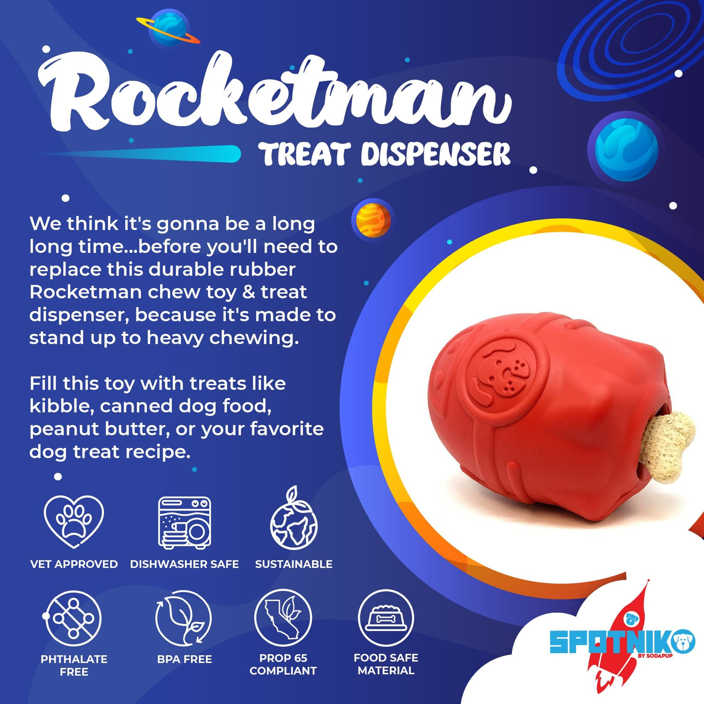 Rocketman Durable Rubber Dog Chew Toy & Treat Dispenser