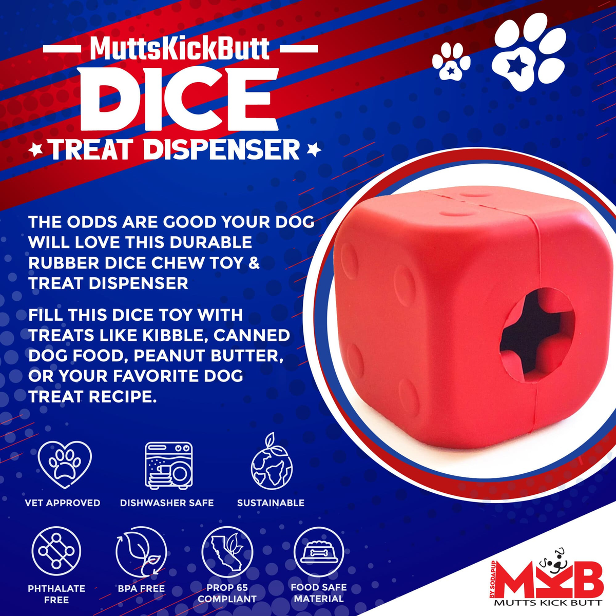 MKB Dice Durable Rubber Dog Chew Toy & Treat Dispenser