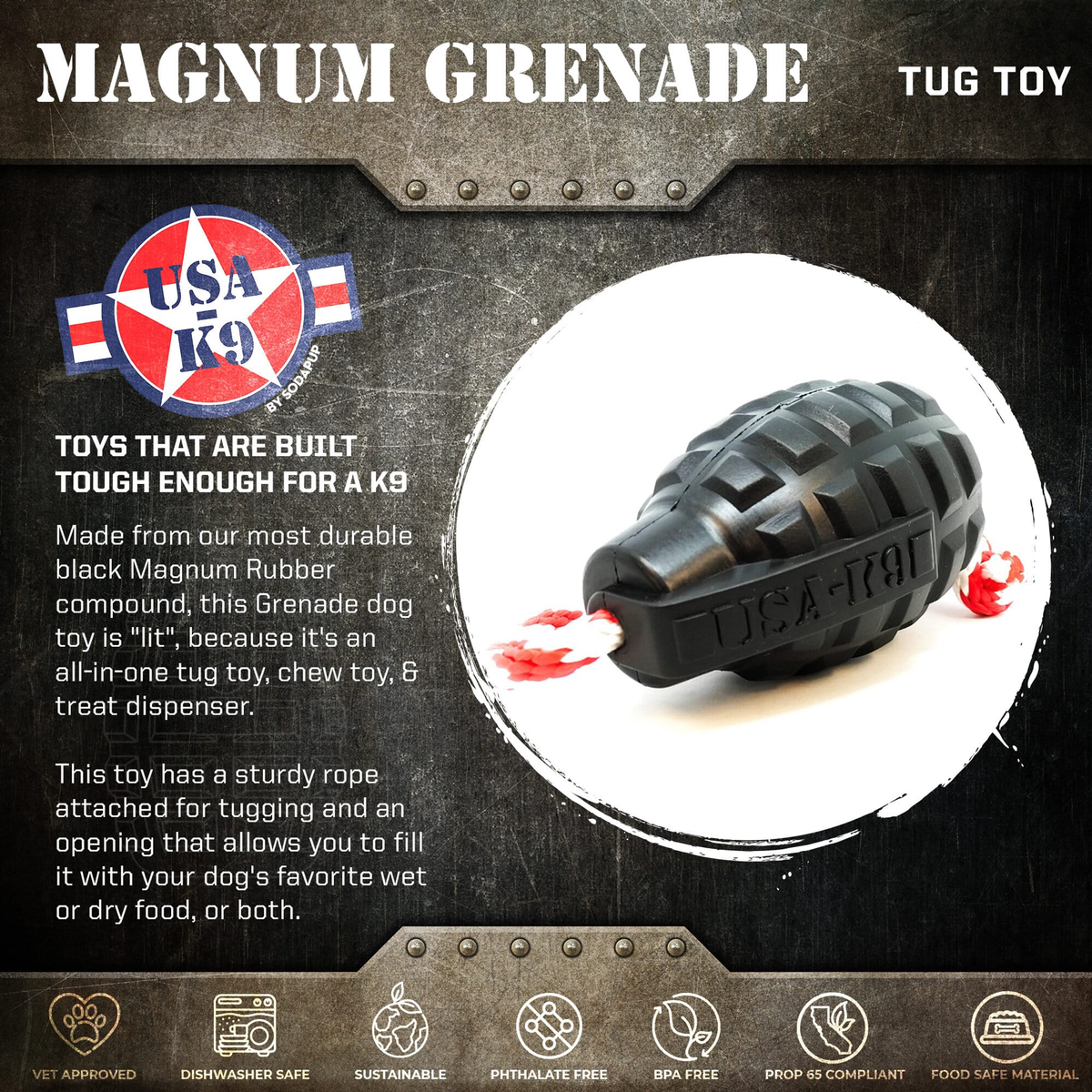 USA-K9 Magnum Grenade Rubber Chew Toy for Extreme Chewers