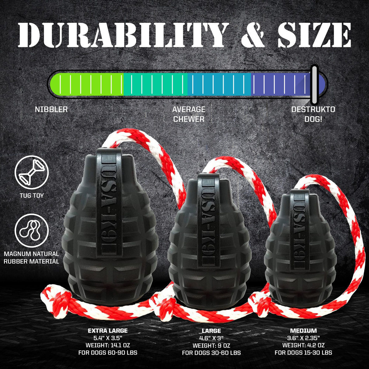 USA-K9 Magnum Grenade Rubber Chew Toy for Extreme Chewers