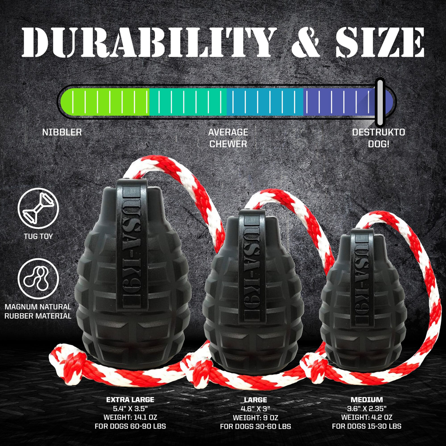 USA-K9 Magnum Grenade Rubber Chew Toy for Extreme Chewers