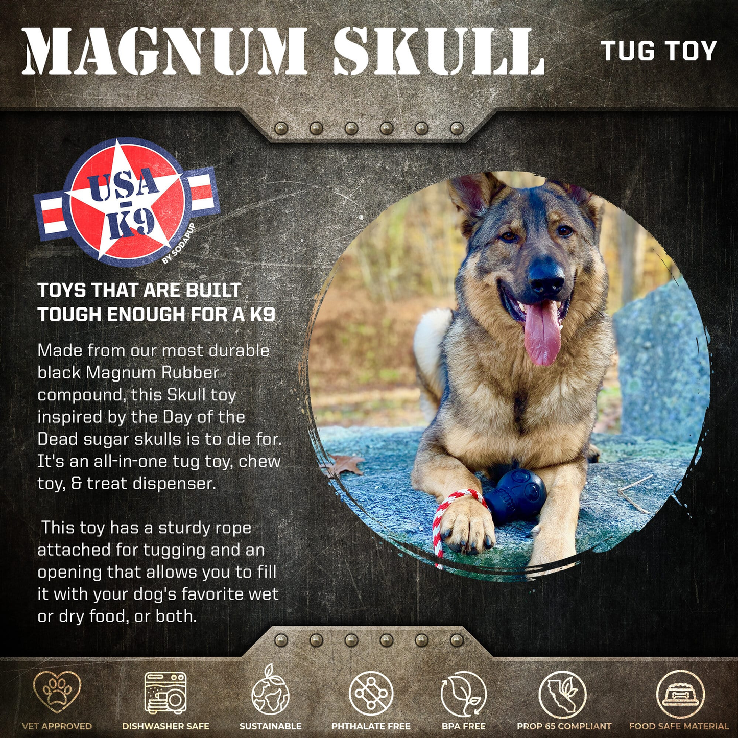 USA-K9 Magnum Skull Rubber Dog Chew Toy for Extreme Chewers