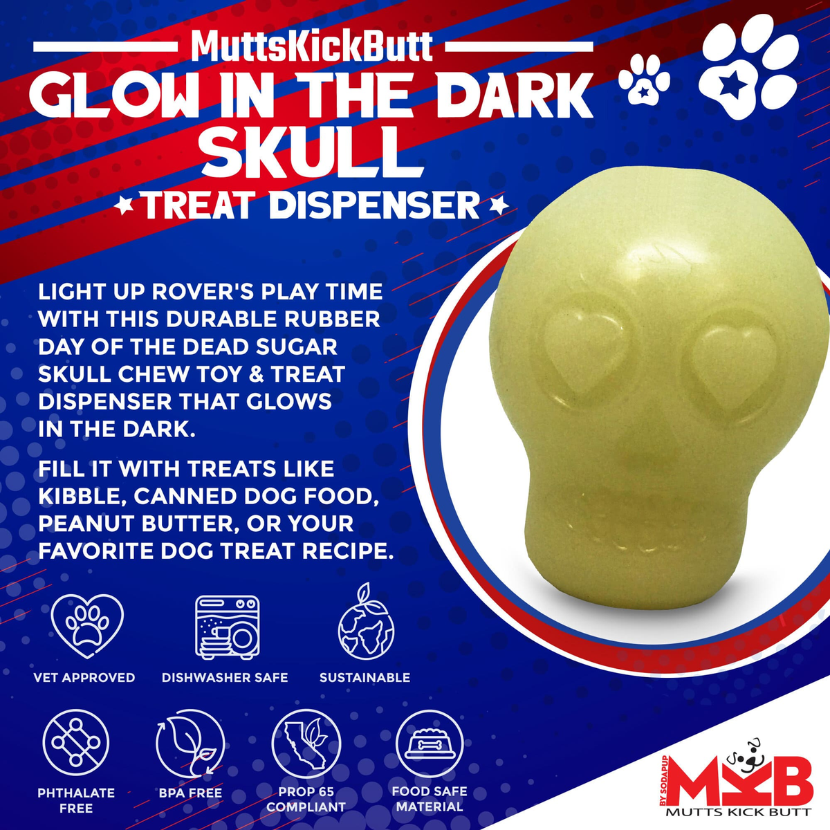 SodaPup Glow in the Dark Sugar Skull Chew Toy and Treat Dispenser
