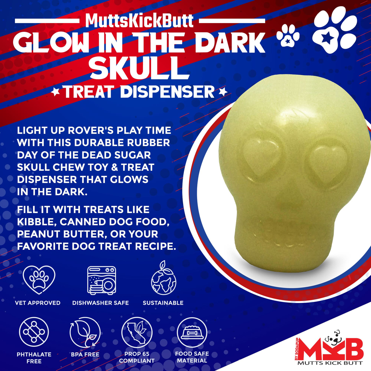 SodaPup Glow in the Dark Sugar Skull Chew Toy and Treat Dispenser