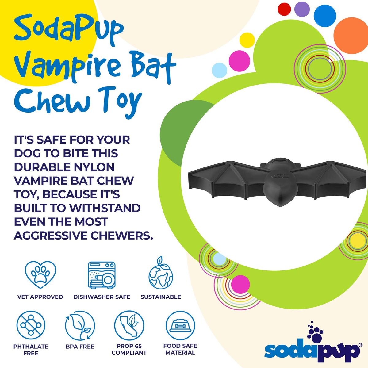 SodaPup Vampire Bat Nylon Dog Chew Toy for Aggressive Chewers