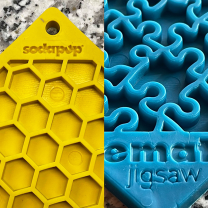 SodaPup eMat Lick Mat Bundle - Large Blue Jigsaw & Yellow Honeycomb