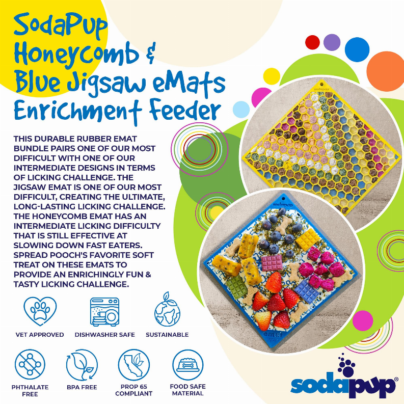 SodaPup eMat Lick Mat Bundle - Large Blue Jigsaw & Yellow Honeycomb