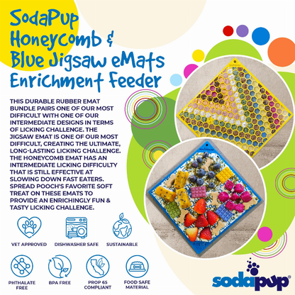 SodaPup eMat Lick Mat Bundle - Large Blue Jigsaw & Yellow Honeycomb