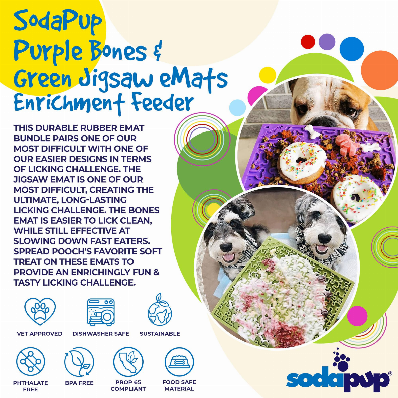 SodaPup eMat Lick Mat Bundle - Large Green Jigsaw & Purple Bones