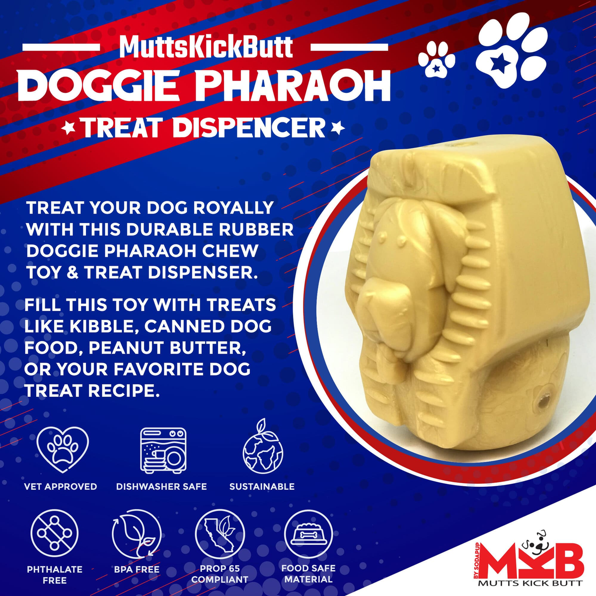 SodaPup MKB Doggie Pharaoh Chew Toy & Treat Dispenser
