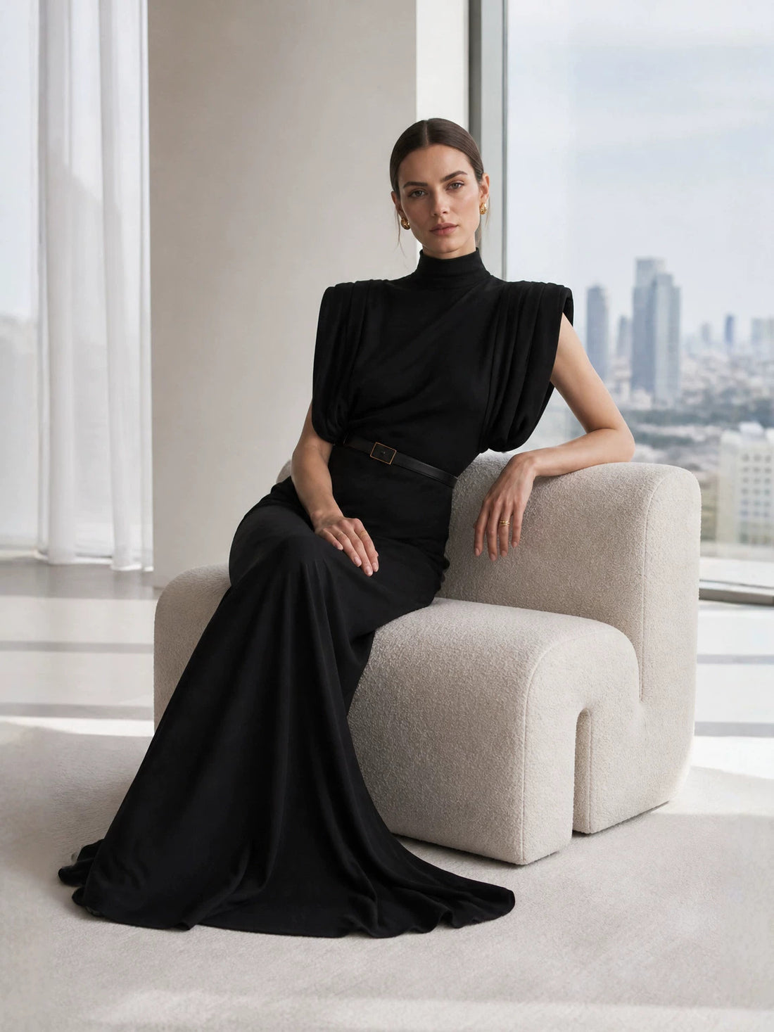 Women's Sleeveless High Neck Evening Party Long Dress with Belt