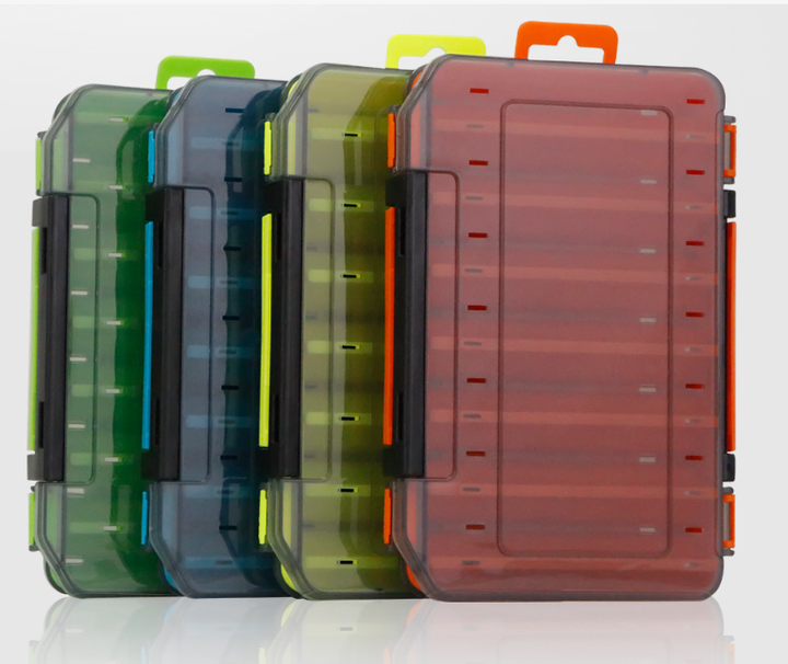 Fishing tackle box open showing compartments