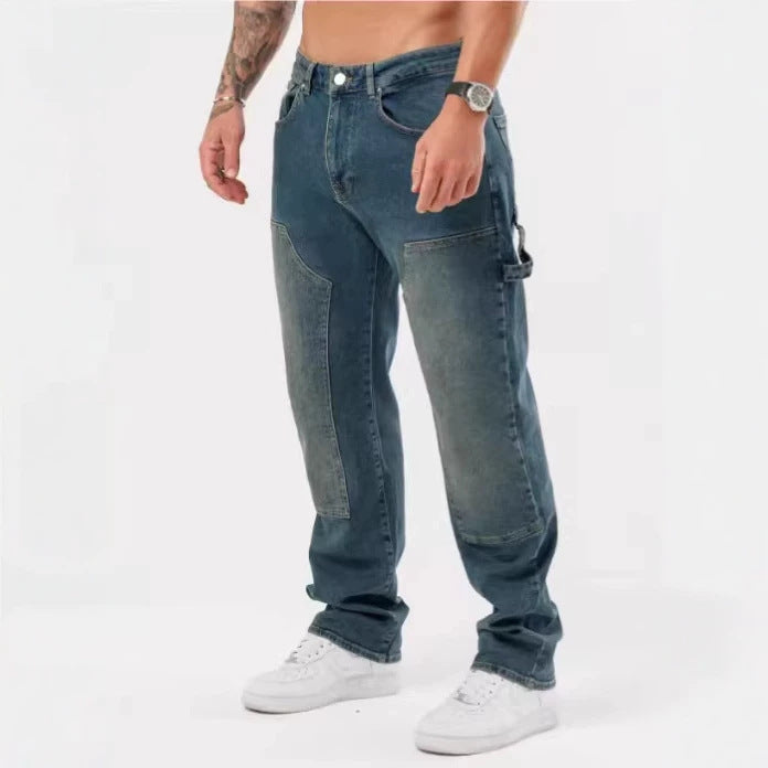 Mens Patchwork Loose Fit Jeans Straight Trousers