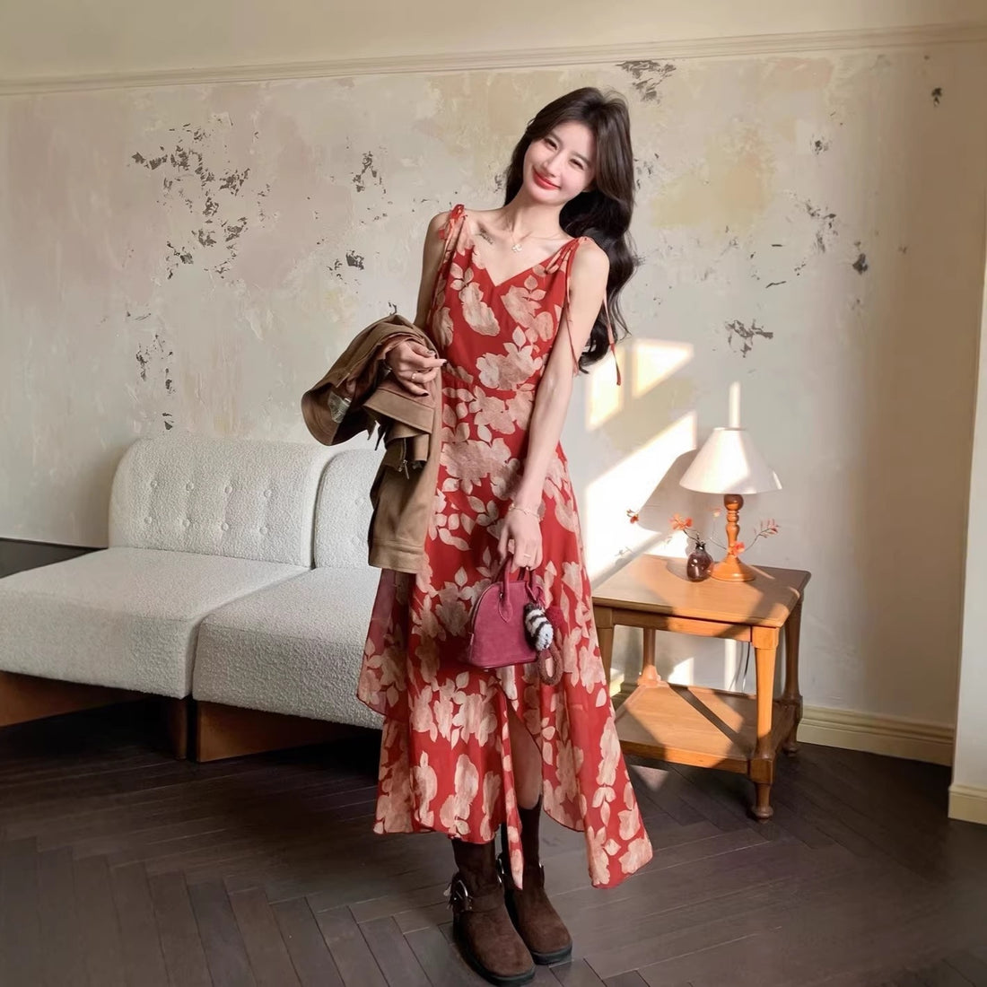 red floral dress