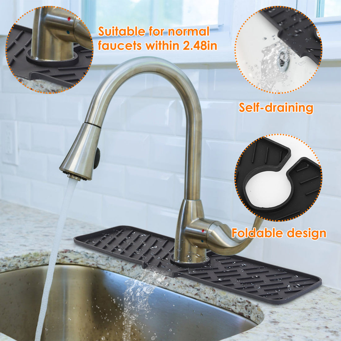 Faucet mat fit and self-draining details