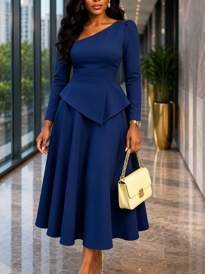 Women's slanted neckline ruffled waist long sleeve midi dress, photo 2
