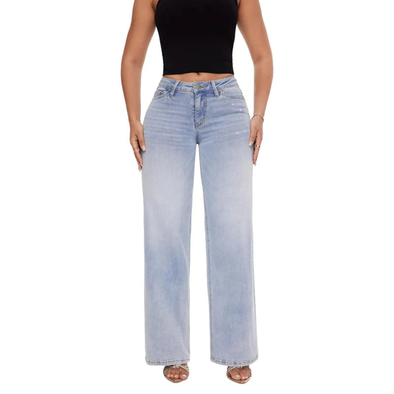 Women's High Elastic Butt-Lifting Mid-Waist Wide-Leg Denim Jeans