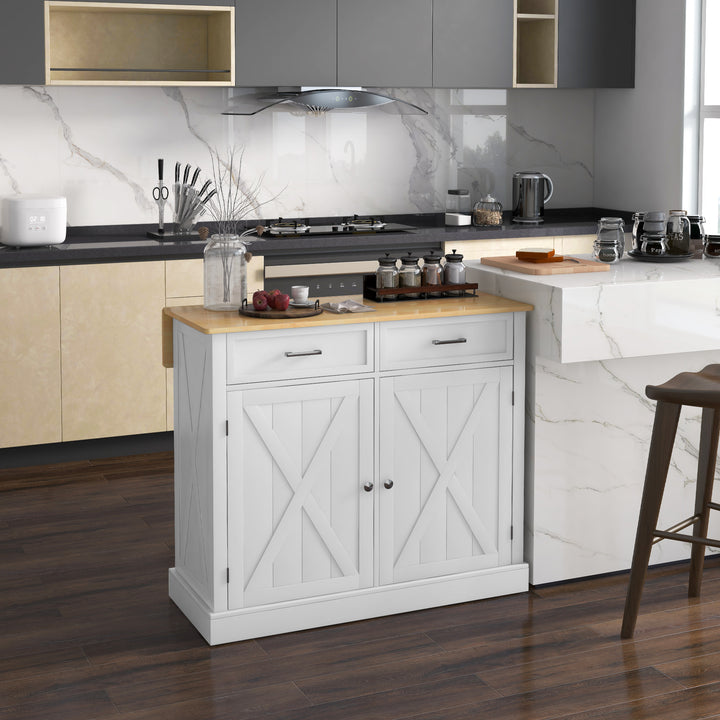 Drop-leaf kitchen cart folded down to save floor space