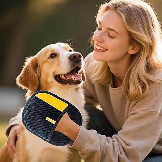 Pet hair removal glove on hand, silicone bristle palm view