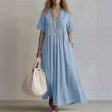 Women's V-Neck Pleated Cotton Linen Dress
