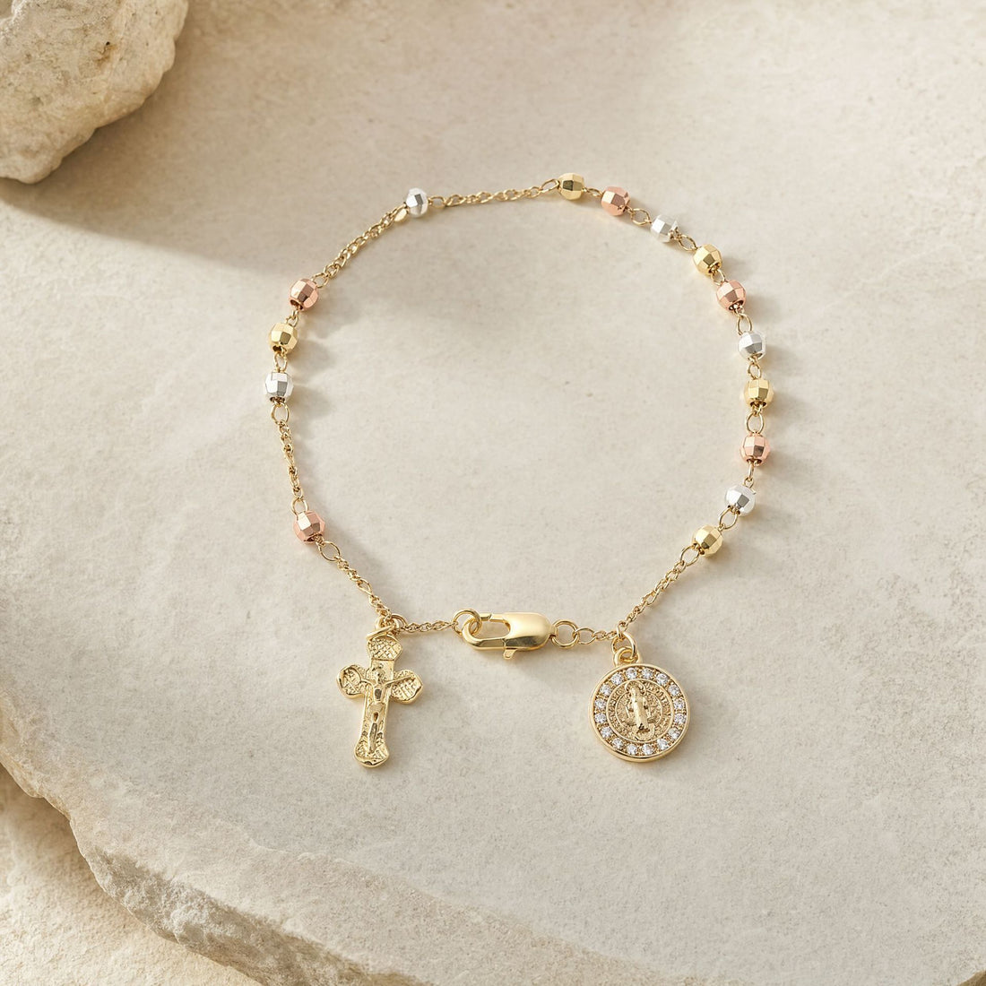 Cross-shaped diamond-studded bead necklace bracelet
