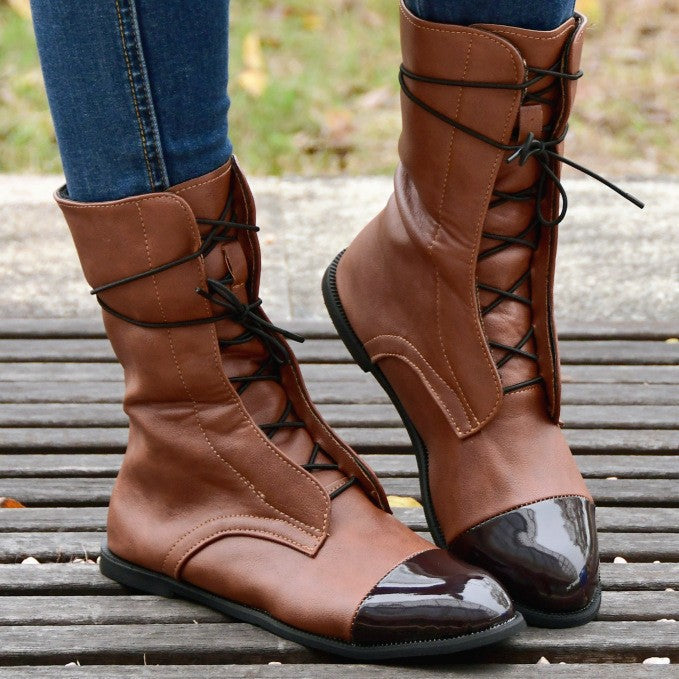 Martin Women's Boots Spring & Fall New British Style Pu Thin Lace-Up Round Toe Square Heel Mid-Heel Handsome Short Boots