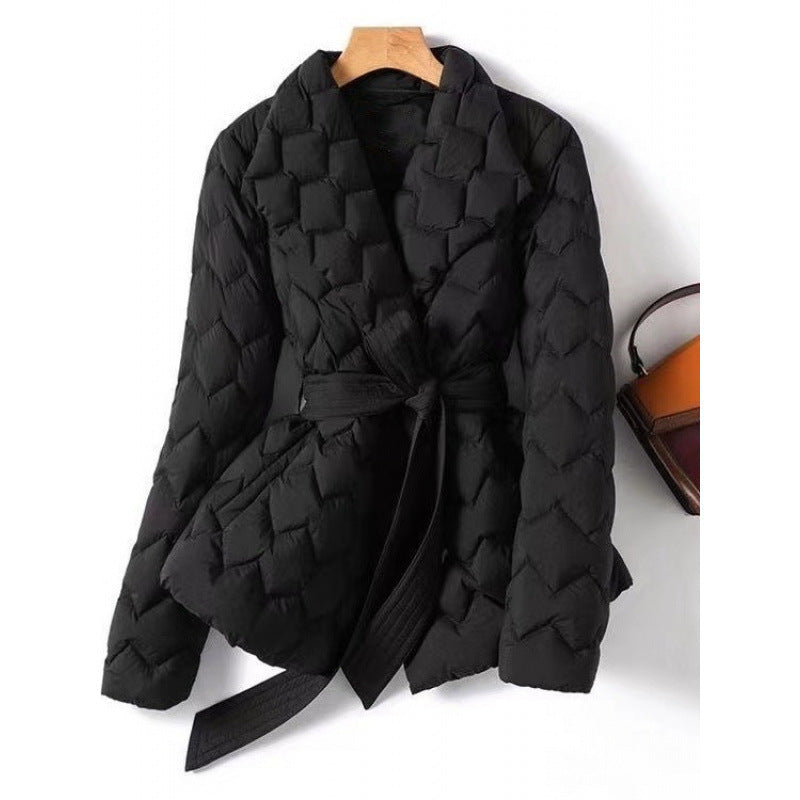 Women's belted geometric pattern padded coat with hood, photo 8