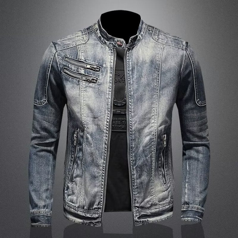 Men's Retro Solid Color Stand Collar Denim Jacket Casual Long Sleeve Outerwear