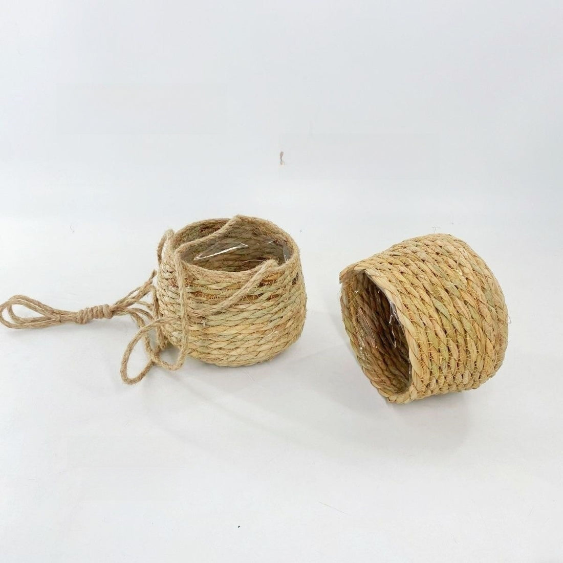 Hand-woven natural vine hanging planter basket with green plants, photo 8