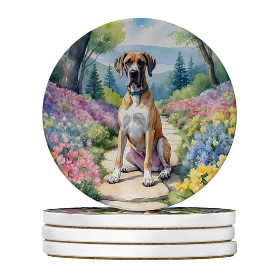 Sandstone coasters set of 4 with boxer dog in a flower garden watercolor, Style2